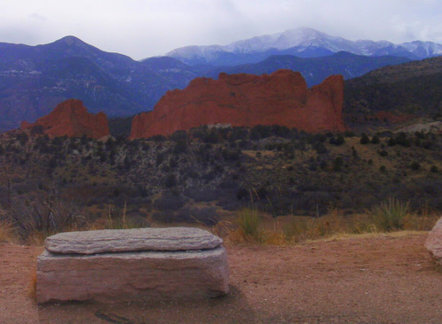 Pikes Peak, Garden of the Gods, and Kissing Camel Rock at Colorado Springs.